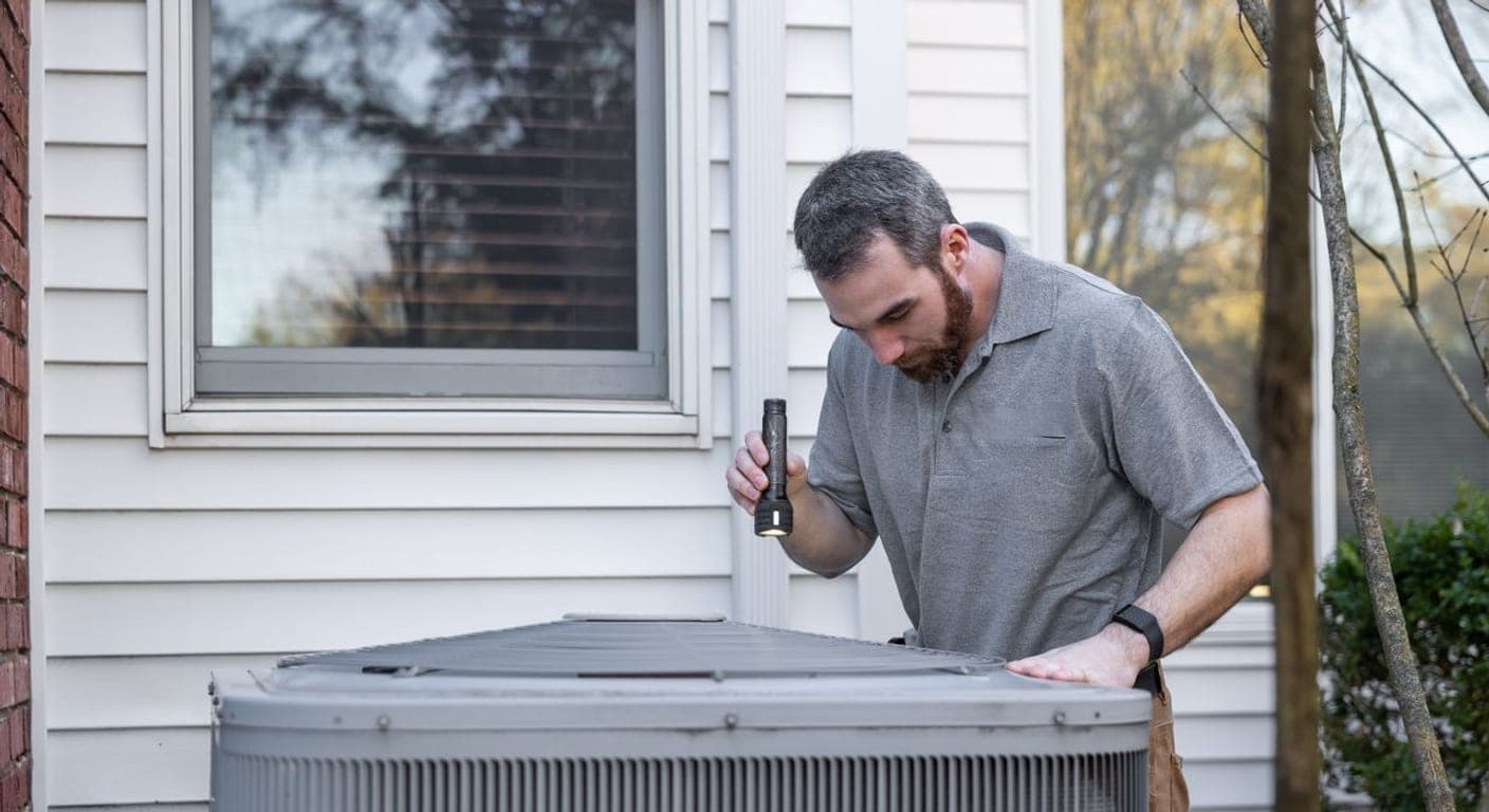 Technician inspecting an AC unit with a flashlight