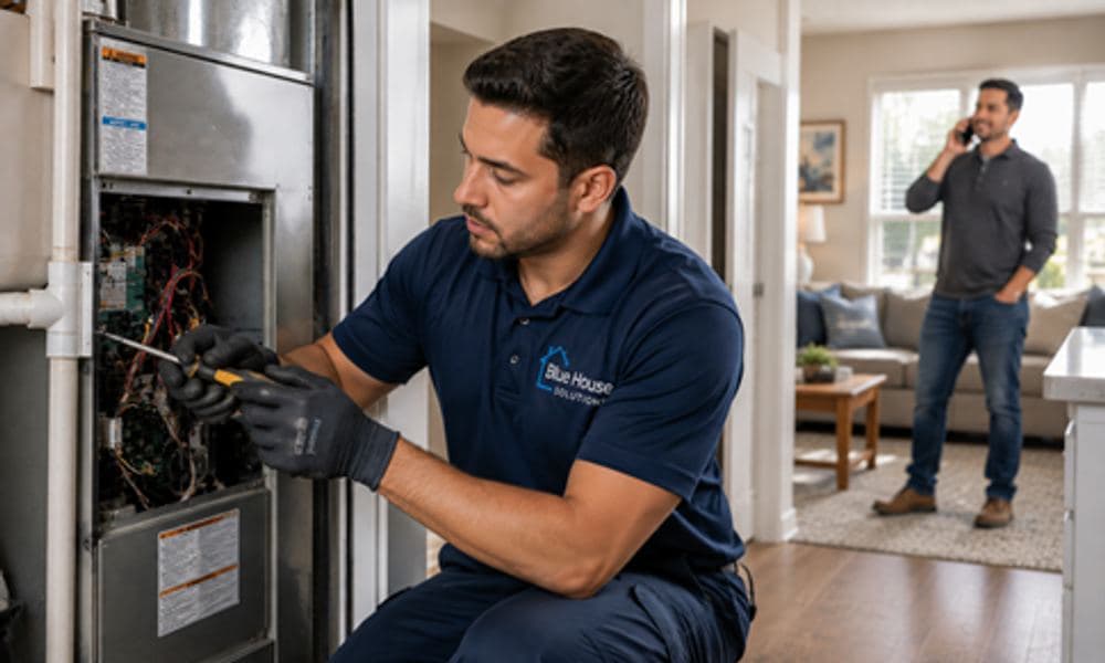 Technician checking an outdoor AC unit